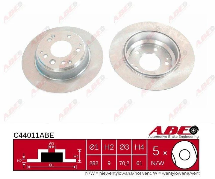 Диск гальмівний задн Лів/Прав ACURA LEGEND, LEGEND II, RL HONDA LEGEND II, LEGEND III, LEGEND IV, ODYSSEY, SHUTTLE, STEPWGN 2.0-3.7 01.87-12.13 ABE C44011ABE (фото 1)