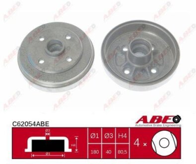 Гальмівний барабан задн TOYOTA PASEO, STARLET, TERCEL 1.0-1.5D 12.89-09.99 ABE C62054ABE