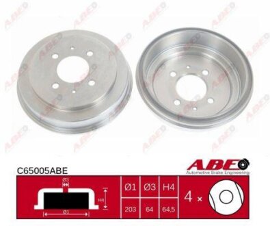 Гальмівний барабан задн MITSUBISHI CARISMA, COLT IV, COLT V, LANCER IV, LANCER V, LANCER VI, MIRAGE IV, MIRAGE V 1.3-2.0D 12.91-06.06 ABE C65005ABE
