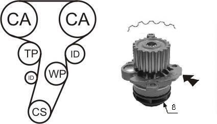 К-кт. ГРМ (ремінь + 3 ролика + помпа + кріплення) AUDI 2,0TDI: A3/4/6 03- VW 2,0TDI: Golf V, Passat, Touran SKODA SEAT AIRTEX WPK-199803
