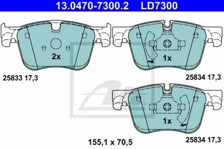 Керамічні гальмівні колодки передн, CITROEN C4 GRAND PICASSO II, C4 PICASSO II, C4 SPACETOURER, GRAND C4 SPACETOURER OPEL GRANDLAND / GRANDLAND X PEUGEOT 308, 308 II 1.2-2.0D 02.13- ATE 13047073002