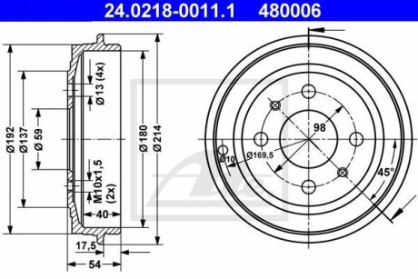 Гальмівний барабан задн FIAT 500, 500 C, BRAVA, BRAVO I, PANDA, PUNTO, TEMPRA, TIPO FORD KA LANCIA DEDRA, DELTA II, Y 0.9-1.9D 07.87- ATE 24021800111