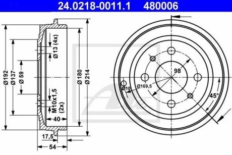 Гальмівний барабан задн FIAT 500, 500 C, BRAVA, BRAVO I, PANDA, PUNTO, TEMPRA, TIPO FORD KA LANCIA DEDRA, DELTA II, Y 0.9-1.9D 07.87- ATE 24021800111