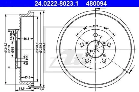 Гальмівний барабан задн SUBARU IMPREZA, LEGACY II 1.5-2.2 08.92-06.09 ATE 24022280231