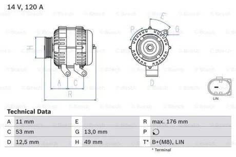Генератор (14В, 120А, відновлений) FORD B-MAX, C-MAX II, ECOSPORT, FIESTA, FIESTA VI, FOCUS III, FOCUS III/HATCHBACK, FOCUS III/KOMBI, GRAND C-MAX, KA+ III, KUGA II, MONDEO IV 1.0-2.0D 03.07- BOSCH 0986082220