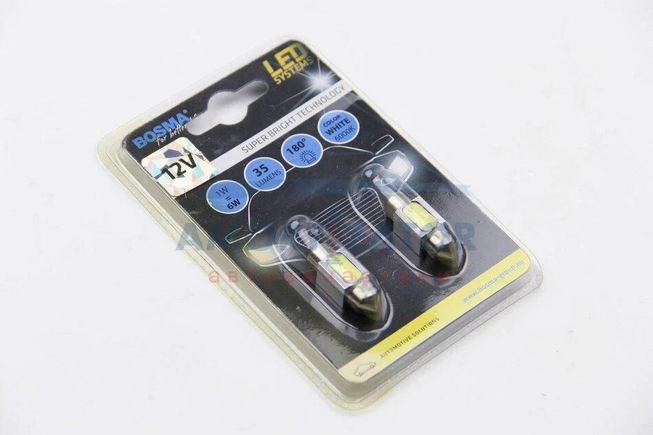 Автолампа SV8,5 LED 12V 1xSMD MEGA LED WHITE 10X31 (2 шт) BOSMA 3659 (фото 1)