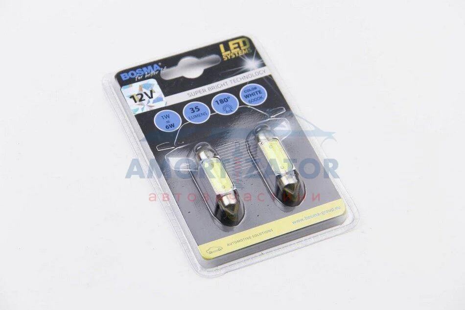 Автолампа SV8,5 LED 12V 1xSMD MEGA LED WHITE 10X39 (2 шт) BOSMA 3673 (фото 1)