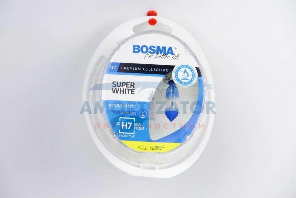 Автолампа H7 SUPER WHITE 12V 55W PX26D Упаковка 2шт BOSMA 3691 (фото 1)