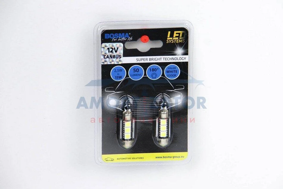 Автолампа SV8,5 LED 12V 3XSMD 5050 LED WHITE 12X36 DOUBLE POLARITY CANBUS (2 шт) BOSMA 3741 (фото 1)