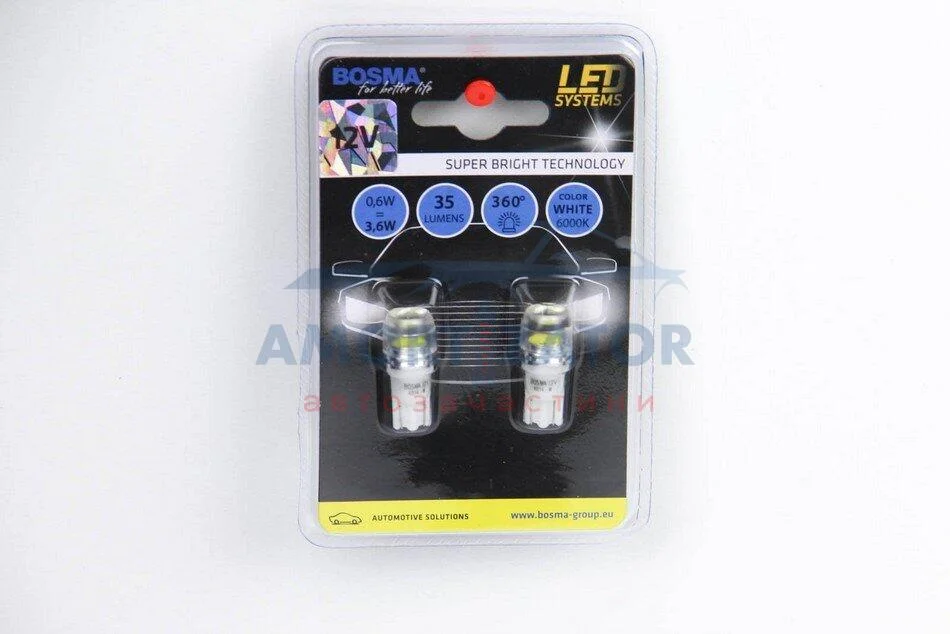 Автолампа T10 LED 12V 1xSMD 7080 LED WIDE VIEWING WHITE (2 шт) BOSMA 4014 (фото 1)