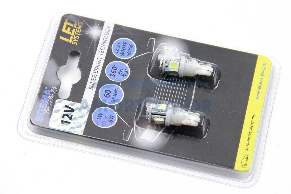 Автолампа T10 LED 12V 4XSMD 5050 LED WHITE (2 шт) BOSMA 4168 (фото 1)