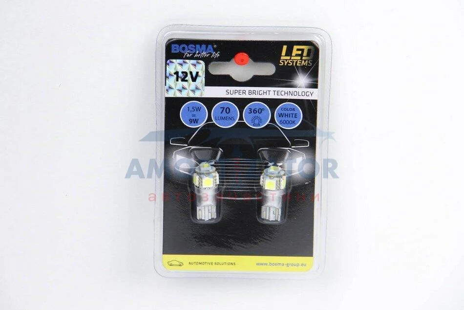 Автолампа T10 LED 12V 5XSMD 5050 LED WHITE (2 шт) BOSMA 4182 (фото 1)
