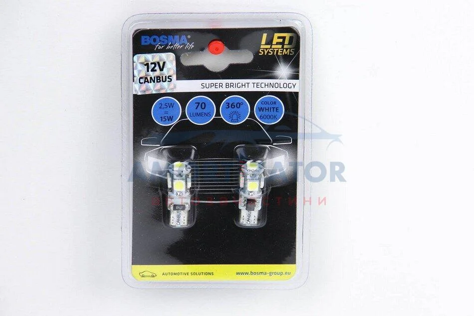 Автолампа T10 LED 12V 5XSMD 5050 LED WHITE DOUBLE POLARITY CANBUS (2 шт) BOSMA 4199 (фото 1)