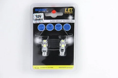 Автолампа T10 LED 12V 5XSMD 5050 LED WHITE DOUBLE POLARITY CANBUS (2 шт) BOSMA 4199