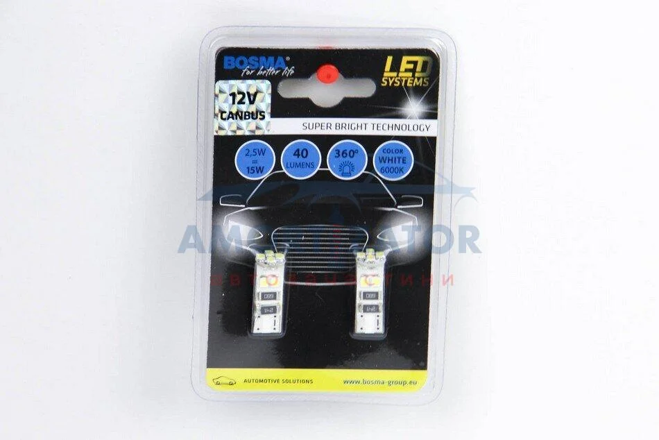 Автолампа T10 LED 12V 8XSMD 3528 LED WHITE DOUBLE POLARITY CANBUS (2 шт) BOSMA 4229 (фото 1)