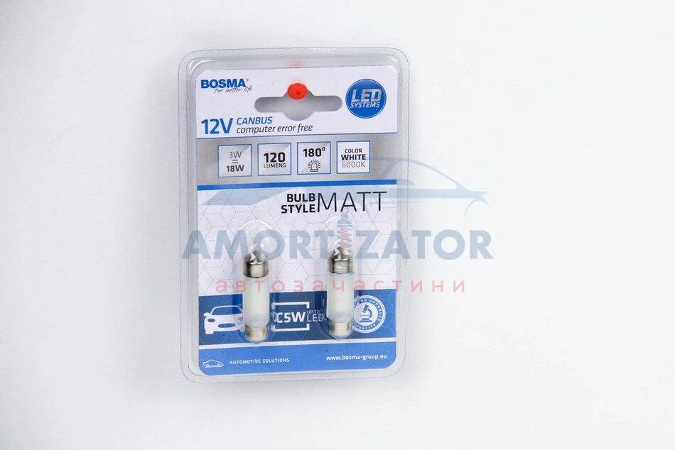 Автолампа SV8,5 LED 12V 6XSMD 2835 LED MAT WHITE 10x36 (2 шт) BOSMA 5080 (фото 1)