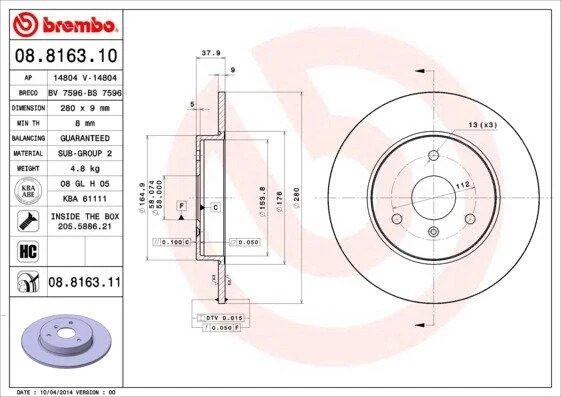 Гальмівний диск BREMBO 08.8163.10 (фото 1)