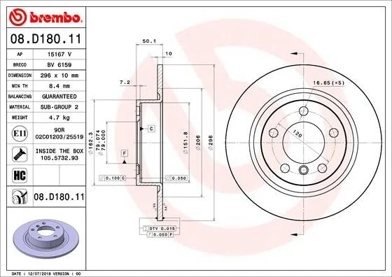 Гальмівний диск BREMBO 08.D180.11 (фото 1)
