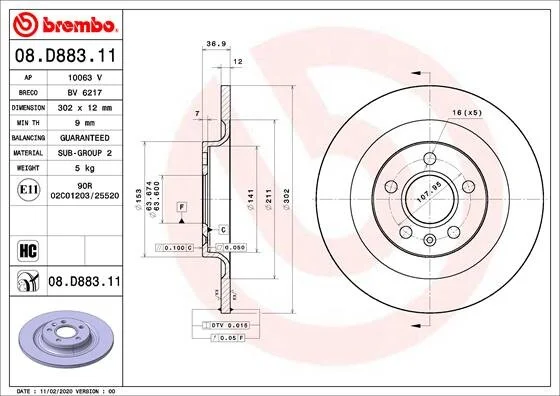 Гальмівний диск BREMBO 08.D883.11 (фото 1)