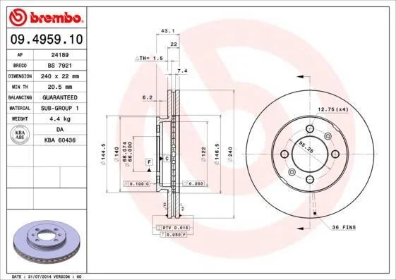 Гальмівний диск BREMBO 09.4959.10 (фото 1)
