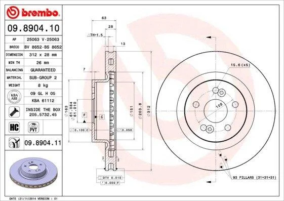 Гальмівний диск BREMBO 09.8904.11 (фото 1)