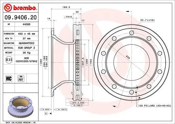 Гальмівний диск BREMBO 09.9406.20 (фото 1)