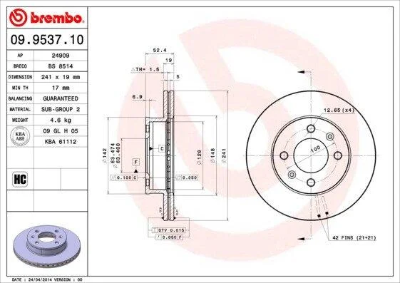 Гальмівний диск BREMBO 09.9537.10 (фото 1)