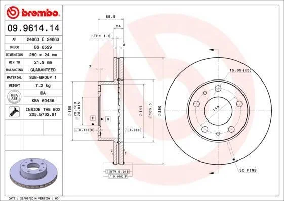 Гальмівний диск BREMBO 09.9614.14 (фото 1)