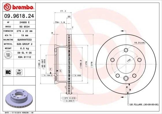 Диск гальмівний BREMBO 09.9618.24 (фото 1)