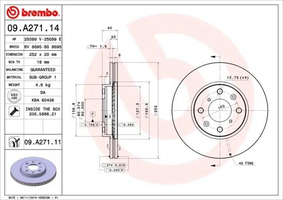 Диск гальмівний BREMBO 09.A271.14 (фото 1)