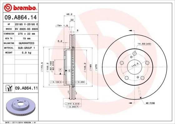 Диск гальмівний BREMBO 09.A864.14 (фото 1)