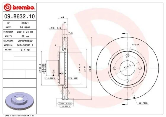 Диск гальмівний BREMBO 09.B632.10 (фото 1)