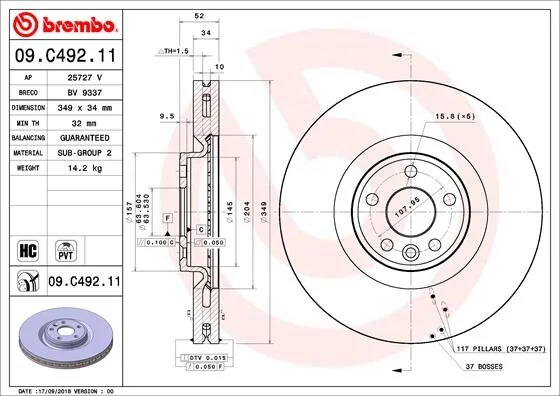Диск гальмівний BREMBO 09.C492.11 (фото 1)