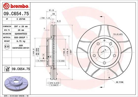 Гальмівний диск BREMBO 09.C654.75 (фото 1)