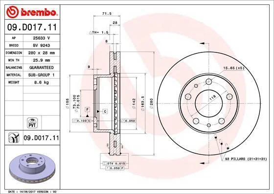 Диск гальмівний BREMBO 09.D017.11 (фото 1)