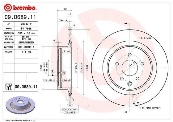 Гальмівний диск BREMBO 09.D689.11 (фото 1)