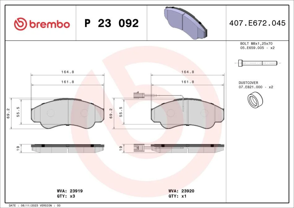 Гальмівні колодки дискові BREMBO P23 092 (фото 1)