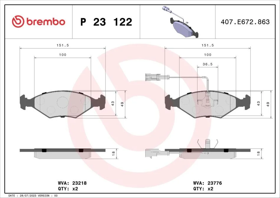 Гальмівні колодки дискові BREMBO P23 122 (фото 1)