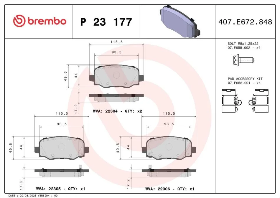 Комплект гальмівних колодок з 4 шт. дисків BREMBO P23 177 (фото 1)