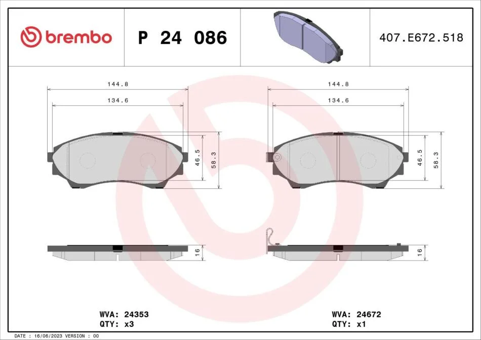 Комплект гальмівних колодок з 4 шт. дисків BREMBO P24086 (фото 1)