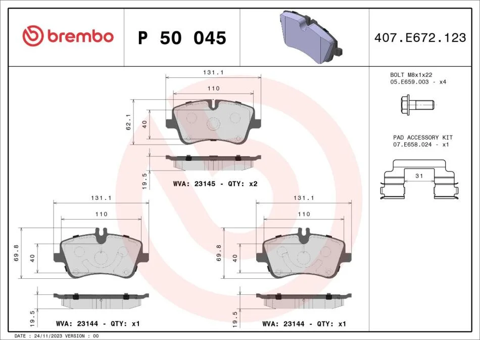 Комплект гальмівних колодок з 4 шт. BREMBO P50 045 (фото 1)