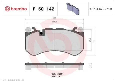 Комплект гальмівних накладок, дискове гальмо BREMBO P 50 142