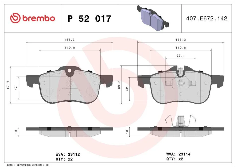 Гальмівні колодки дискові BREMBO P52 017 (фото 1)
