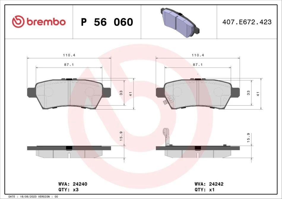 Комплект гальмівних колодок з 4 шт. BREMBO P56060 (фото 1)