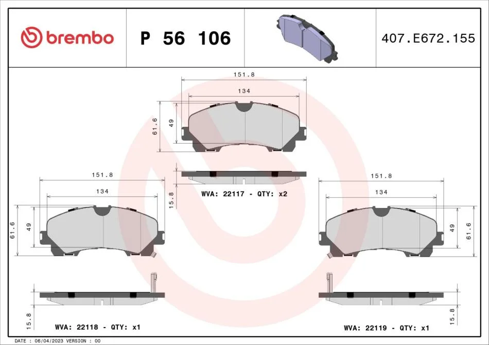 Комплект гальмівних колодок з 4 шт. дисків BREMBO P56106 (фото 1)