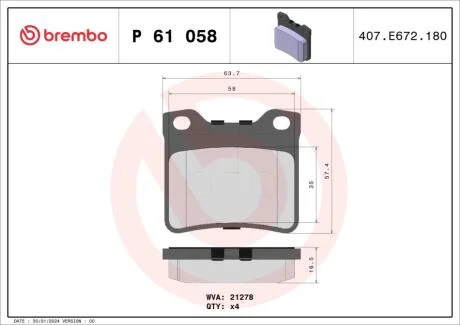 Гальмівні колодки дискові BREMBO P61 058