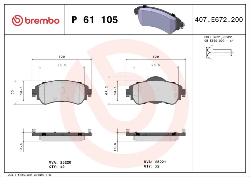 Комплект гальмівних колодок з 4 шт. дисків BREMBO P61 105 (фото 1)