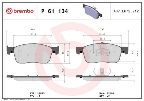 Гальмівні колодки дискові BREMBO P61 134