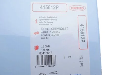 Прокладка головки Opel Astra J / Insignia 2.0 CDTi 08- (1.15 mm) CORTECO 415612P