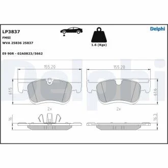 CITROEN передні гальмівні колодки CITROEN BERLINGO, BERLINGO/MINIVAN, C4 GRAND PICASSO II, C4 PICASSO II, C4 SPACETOURER, GRAND C4 SPACETOURER OPEL COMBO TOUR / LIFE, COMBO/MINIVAN 1.2-2.0D 02.13- DELPHI LP3837